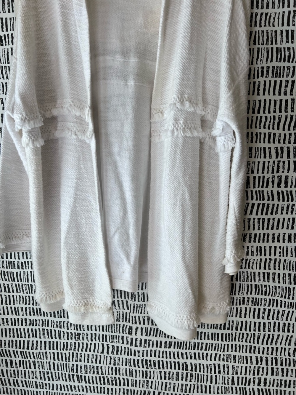 J.Jill Ivory Fringe Trim Open Front Cardigan Sweater Boho Coastal Cozy - Picture 5 of 14